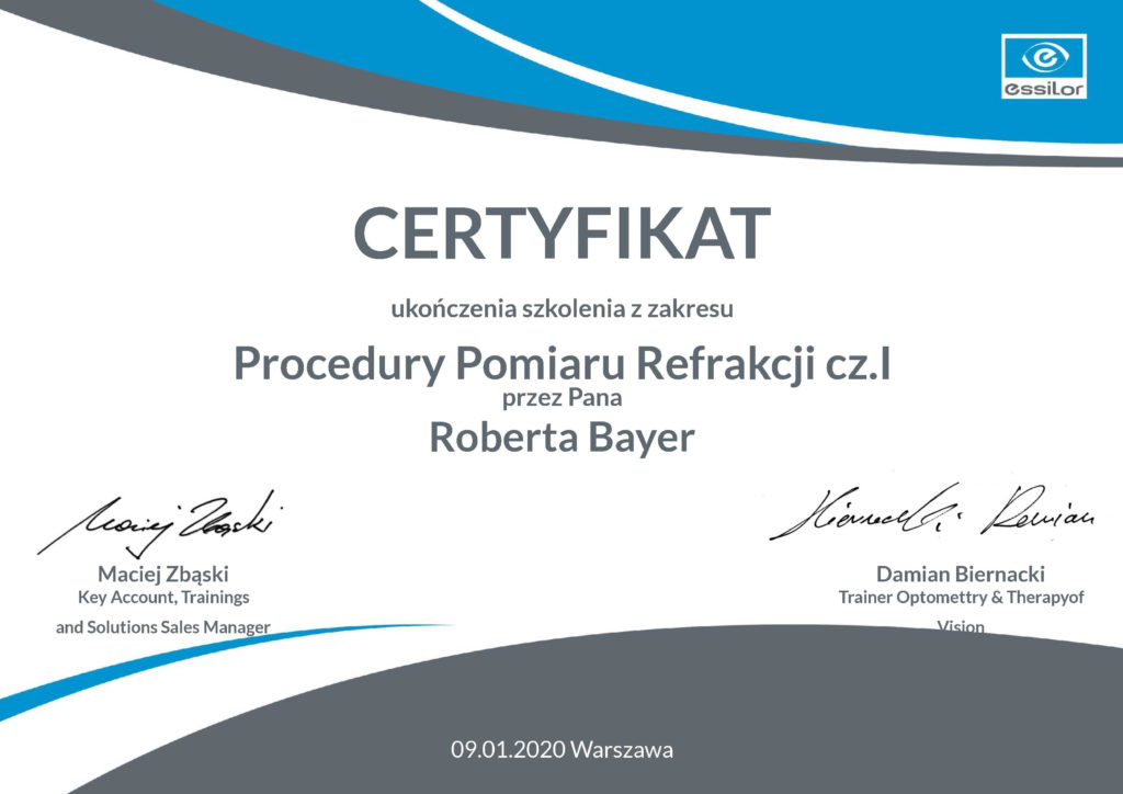 Certyfikat Essilor Academy Poland