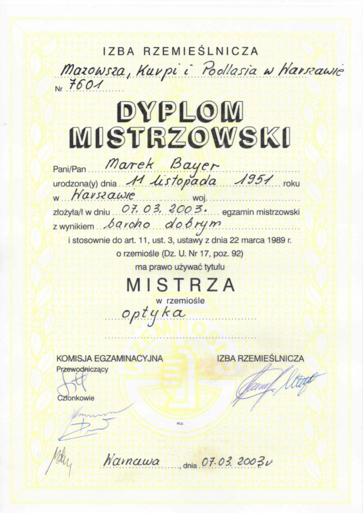 Dyplom optyka — Marek Bayer