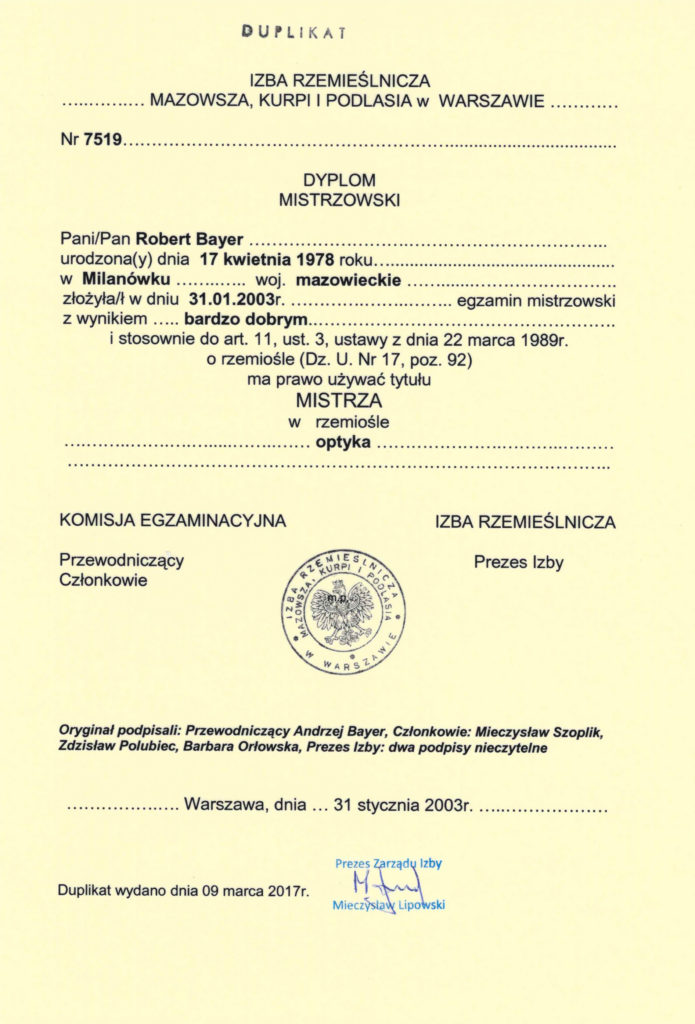 Dyplom optyka — Robert Bayer