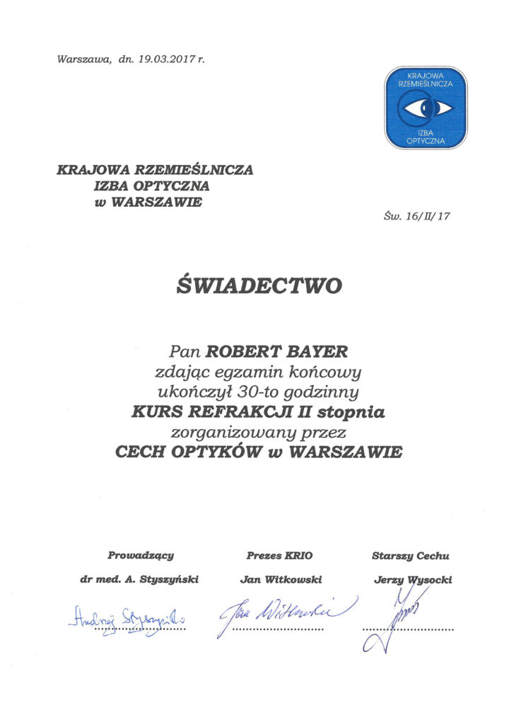 Dyplom ukończenia szkolenia optycznego z 2017 roku