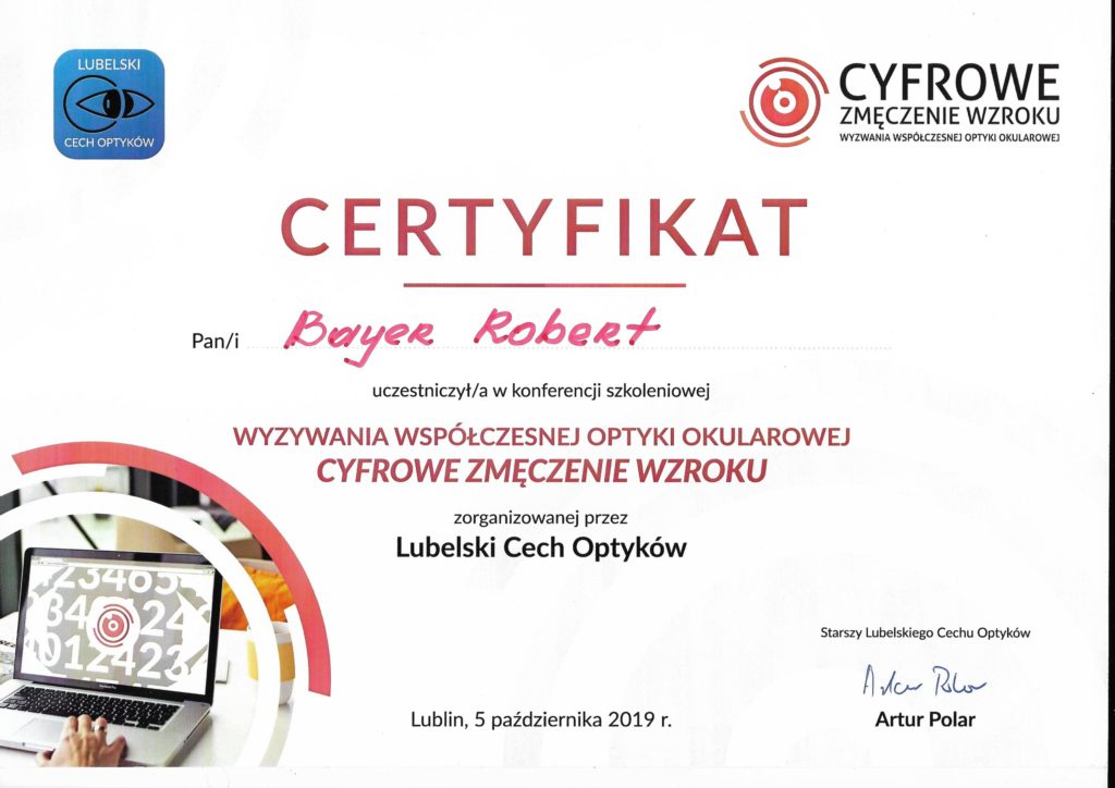 Certyfikat ukończenia szkolenia optycznego