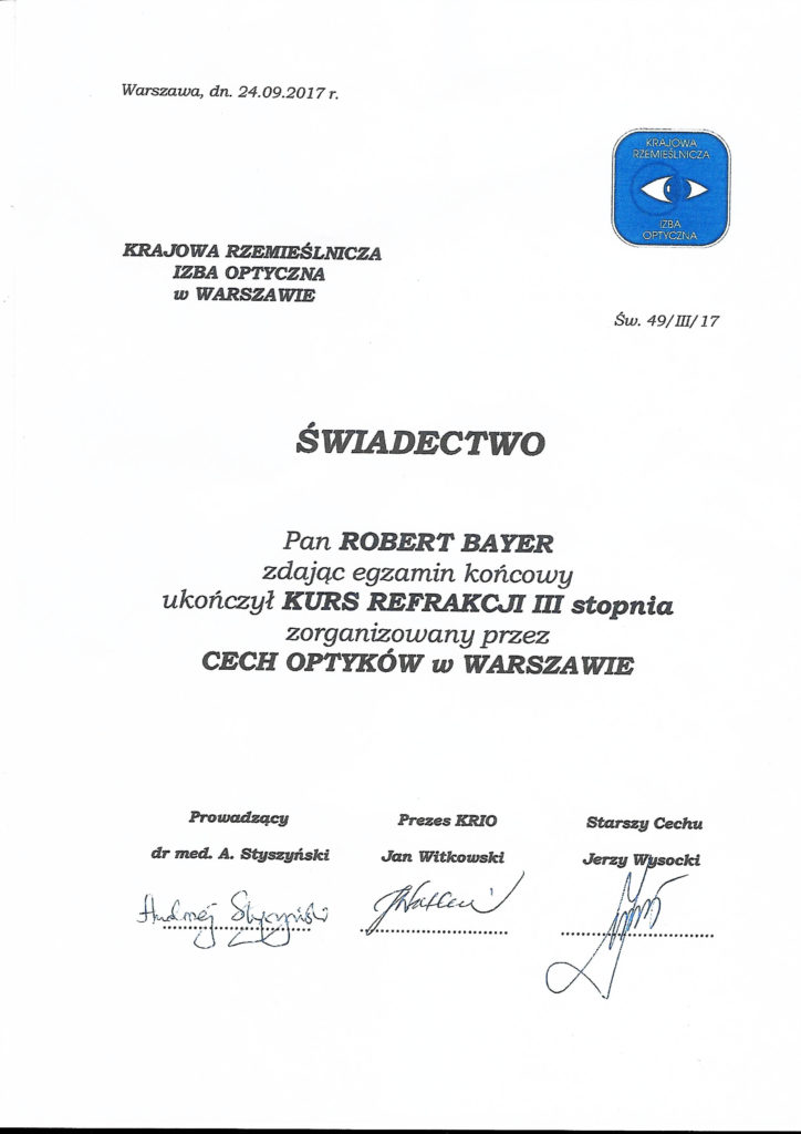 Certyfikat szkoleniowy Optyk Bayer